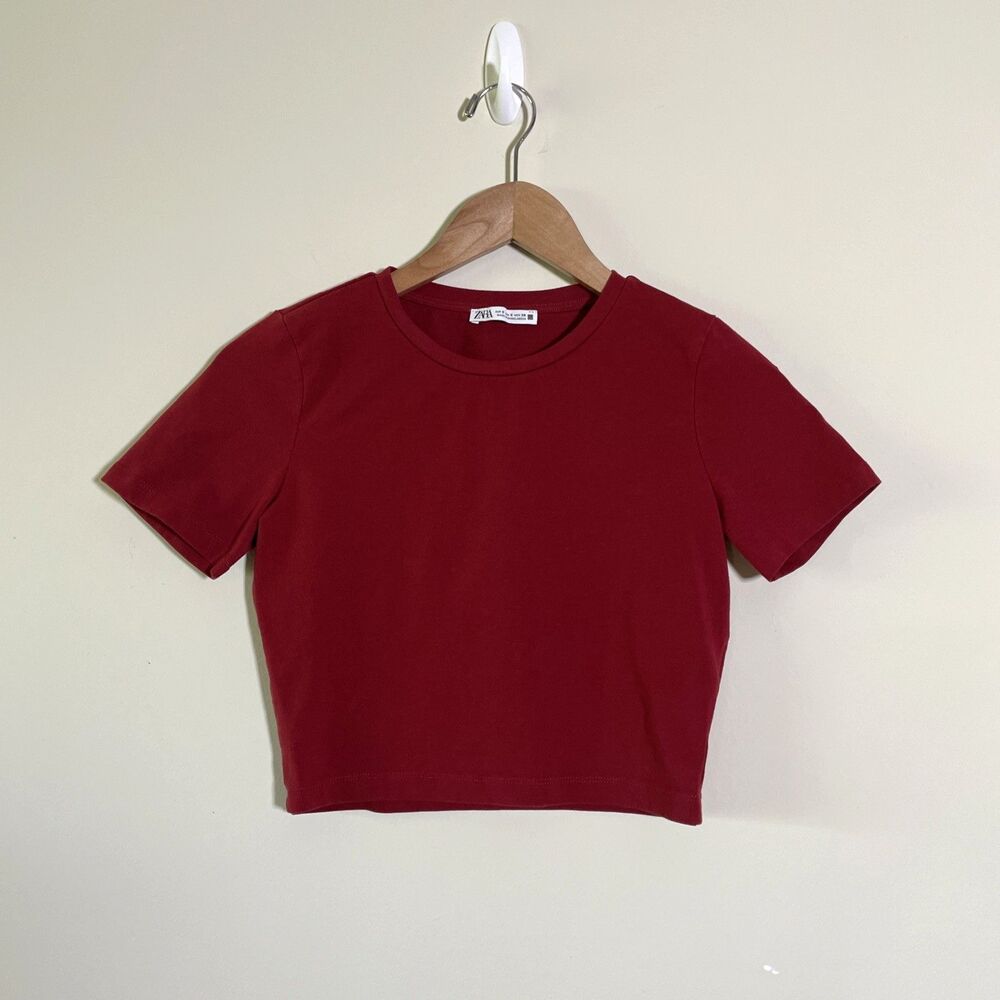 Zara Women's Red Short Sleeve Crop Top Small Cotton Blend T-Shirt Casual Basic